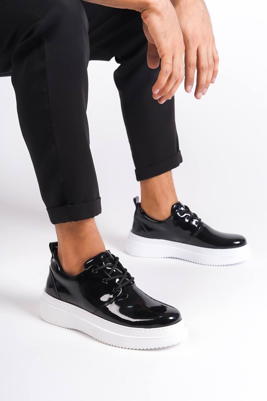 Black Patent Leather Lace-up Casual Men's Shoes