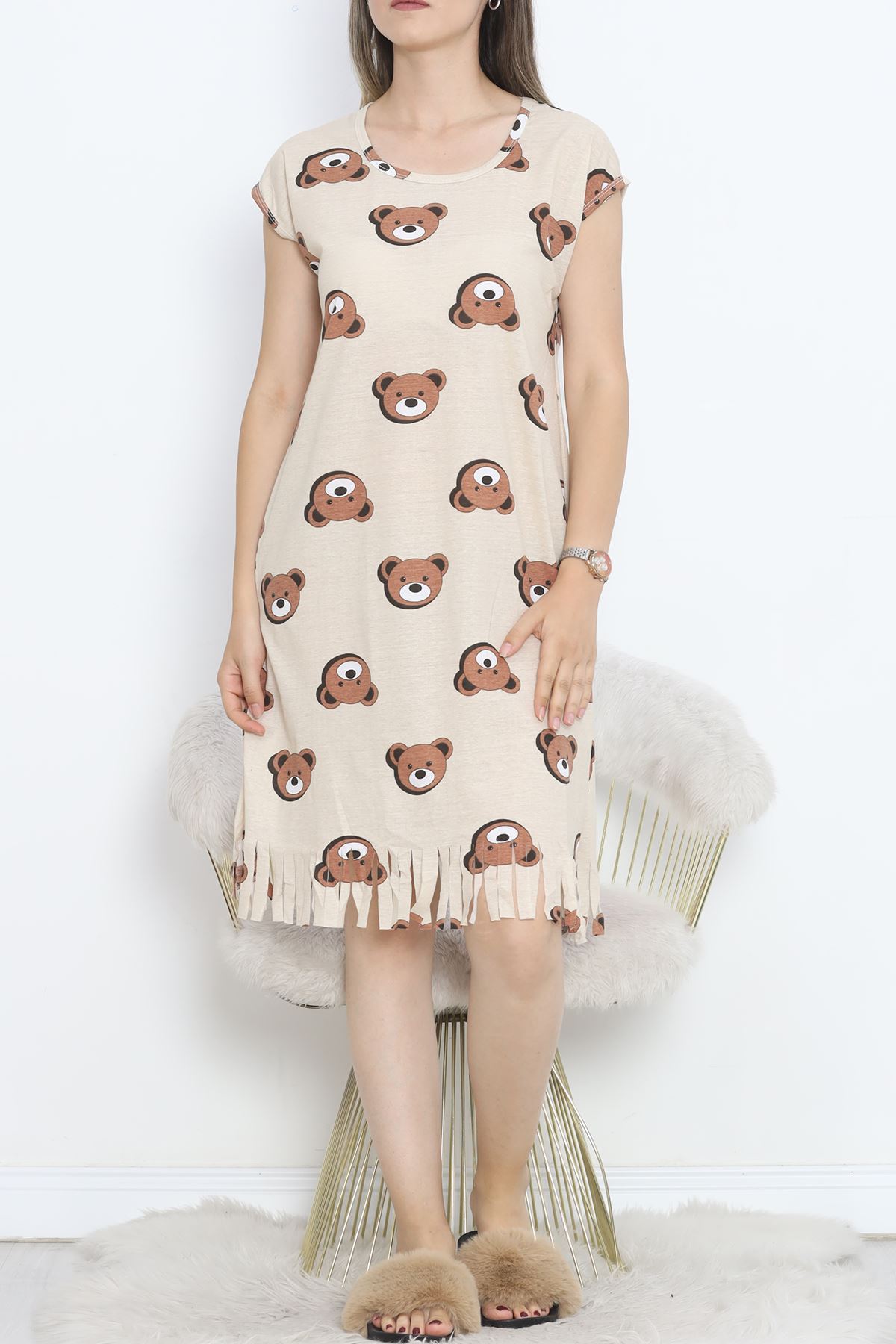 Printed Rotation Tasseled Dress Brownebeige