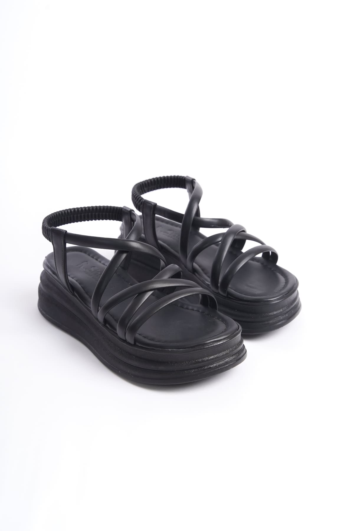 CLZ948 Rubberized Stripe Detailed Orthopedic Sole Women's Sandals ST Black