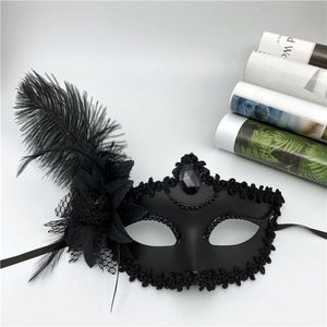 Black Matte Color Side Feather Party Prom Venetian Mask with Roses 16x22