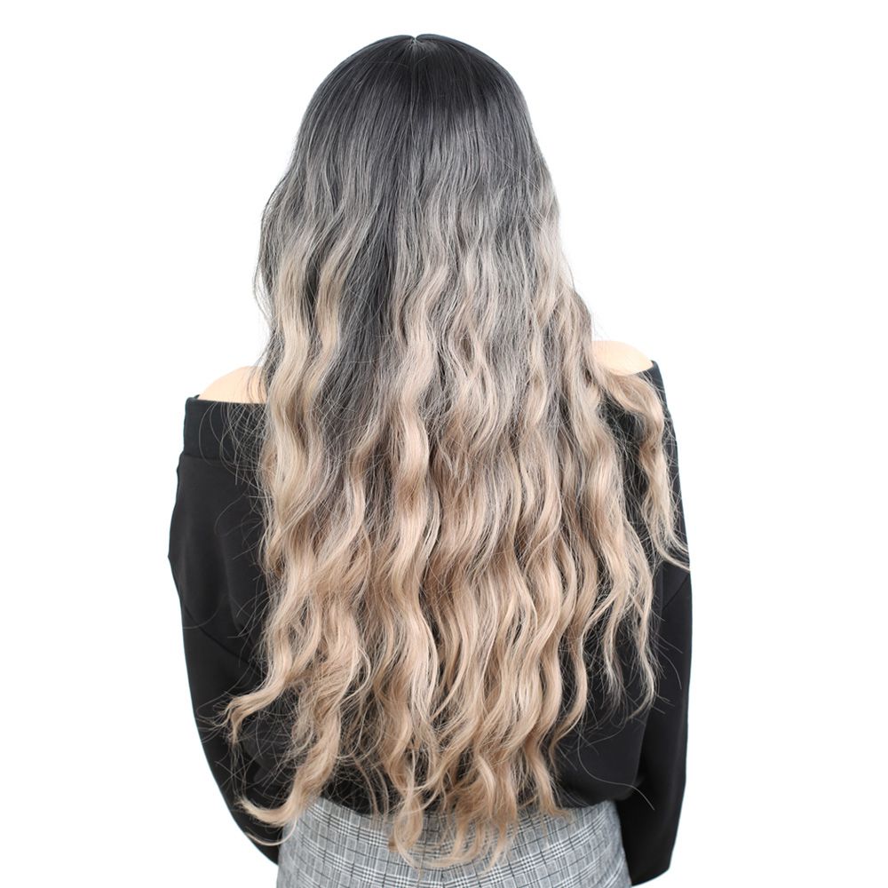 Kanekalon Fiber Synthetic Long Water Wavy Look Wig / Black / Ashy Platinum Ombré