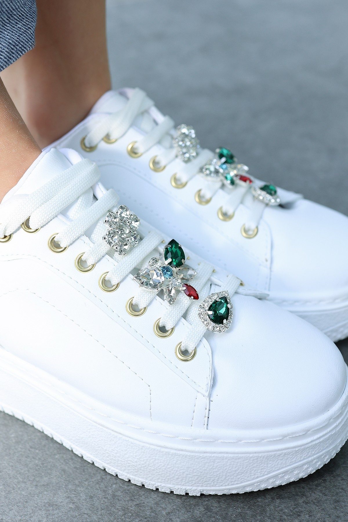 White Skin Stone Lace-Up Sneakers