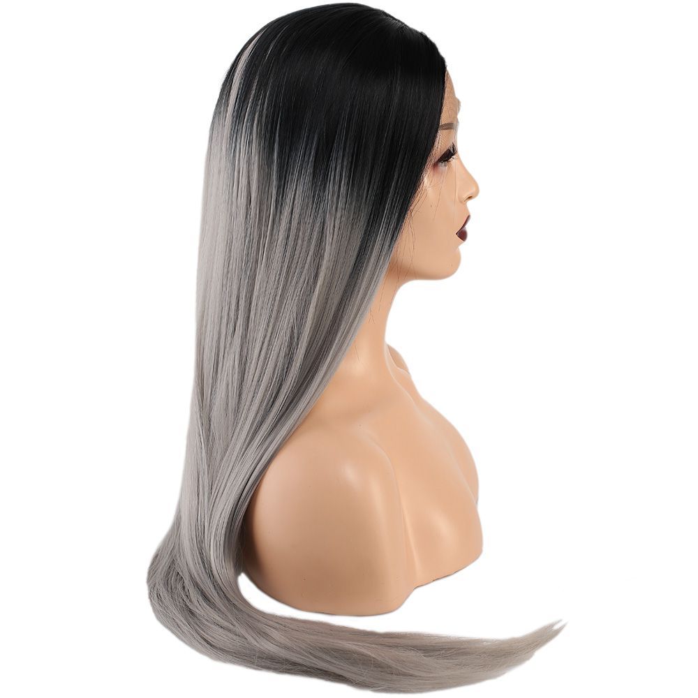 Kanekalon Fiber Synthetic Straight Long Tulle Wig / Black Gray Ombré