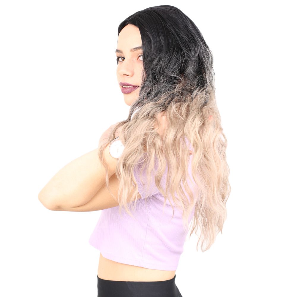 Kanekalon Fiber Synthetic Wig / Black / Ashy Baby Yellow Ombré with Water Wavy Look Long Bangs