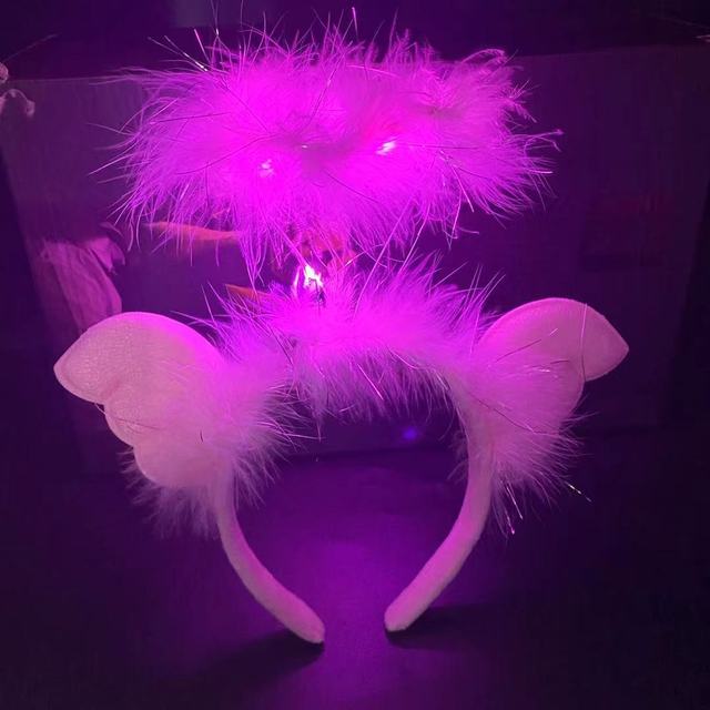 3 Functional Angel Hare Crown with Pink Wings Pink Feathers Led Light 20x25 cm