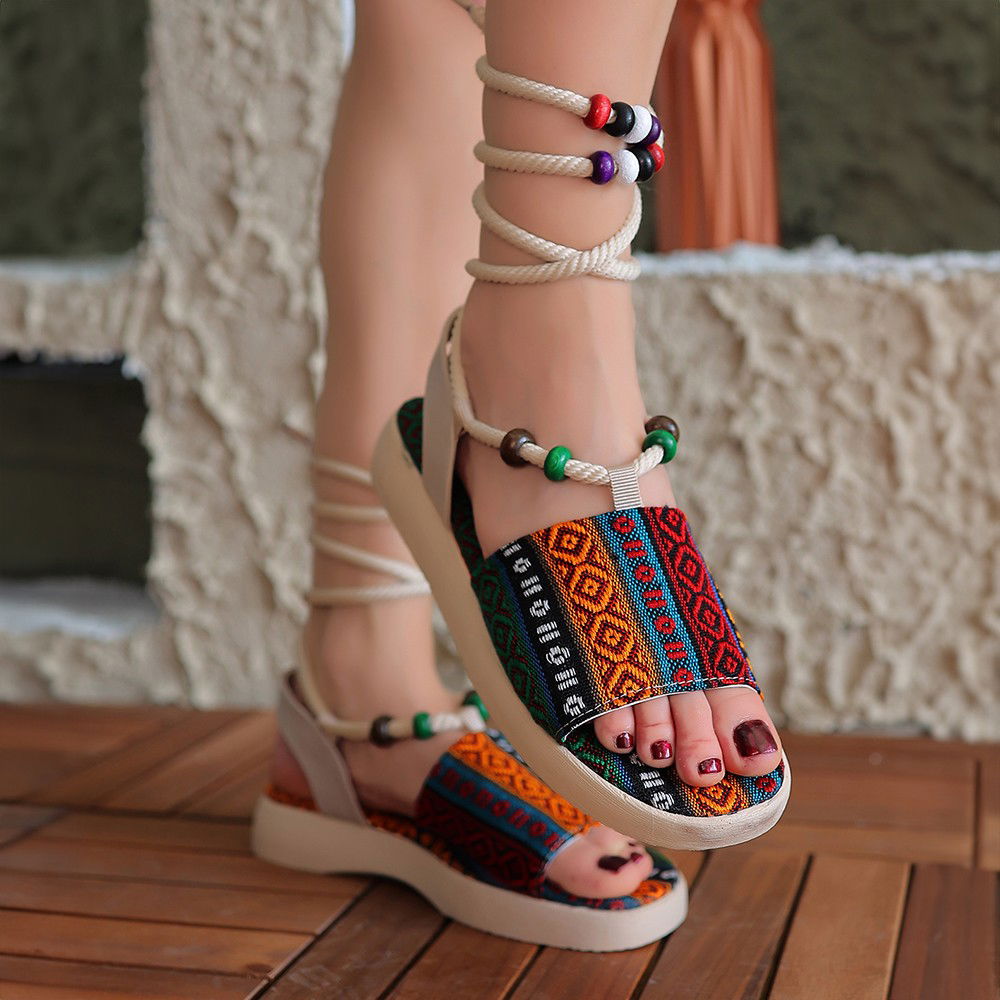 Beige Kilim Patterned Ankle Lace-up Sandals