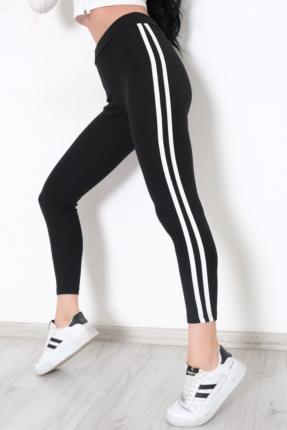 Double Stripe Ribbed Leggings Black and White