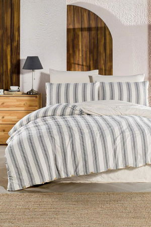 Organic Double Duvet Cover Set Line Navi Blue