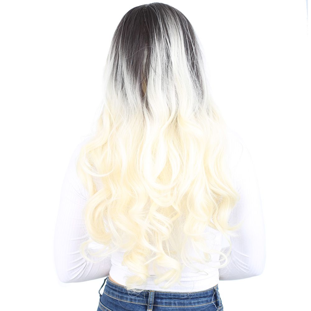 Super Dense Wavy Kanekalon Fiber Synthetic Long Bangs Wig / Ashy Black / Platinum Ombré