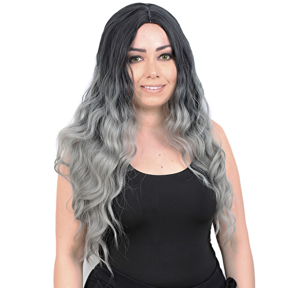 Kanekalon Fiber Synthetic Wig / Black / Gray Ombré with Water Wavy Look Long Bangs