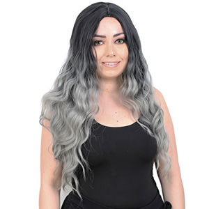 Kanekalon Fiber Synthetic Wig / Black / Gray Ombré with Water Wavy Look Long Bangs