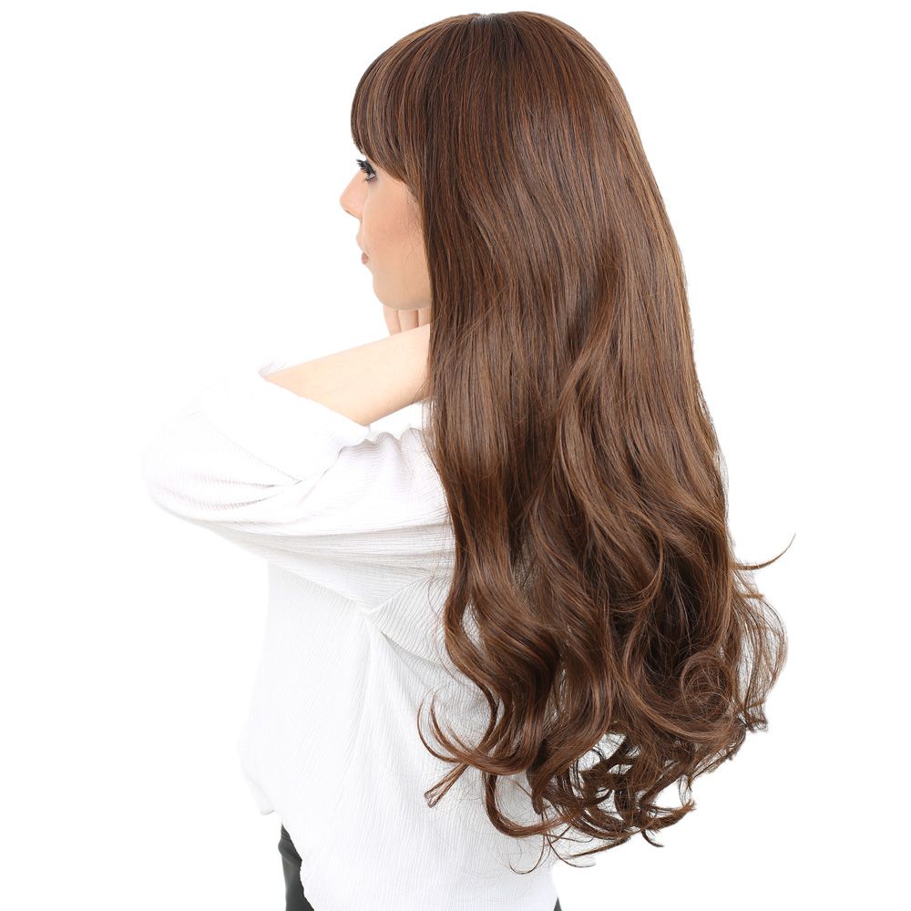 Long Wavy Kanekalon Fiber Synthetic Wig with Custom Bangs / Coffee Caramel