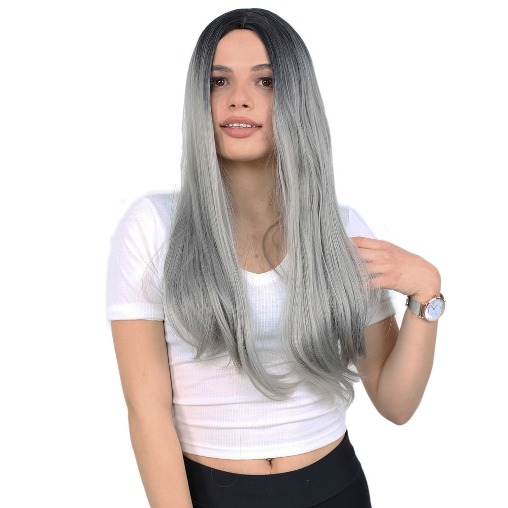 Kanekalon Fiber Synthetic Long Straight Wig / Black / Gray Ombré