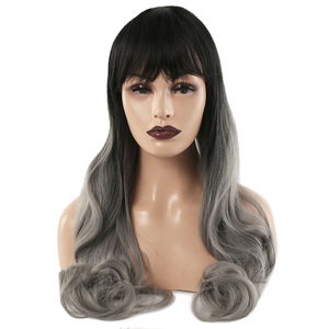 Long Wavy Kanekalon Fiber Synthetic Wig with Custom Bangs / Black Gray Ombré