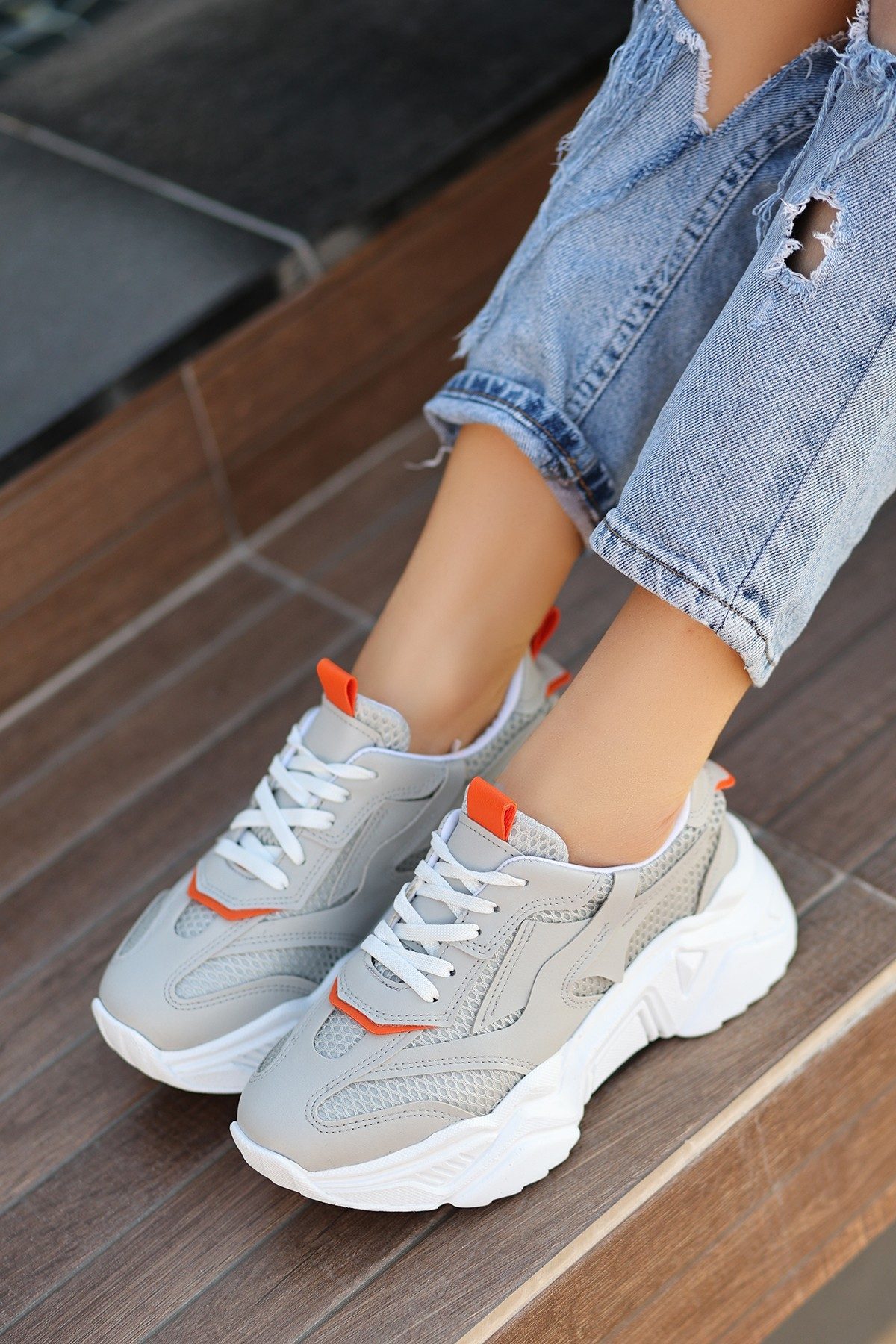 Gray Skin Lace-Up Sneakers