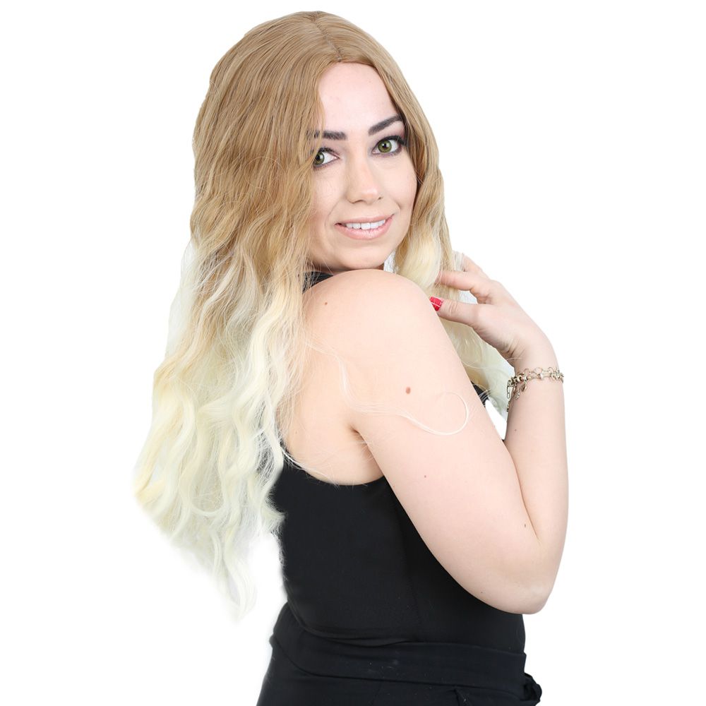 Kanekalon Fiber Synthetic Wig with Long Bangs with Water Wavy Look / Balköp / Platinum Medium Ombré