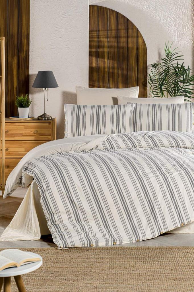 Organic Double Duvet Cover Set Line Stripe Coffee