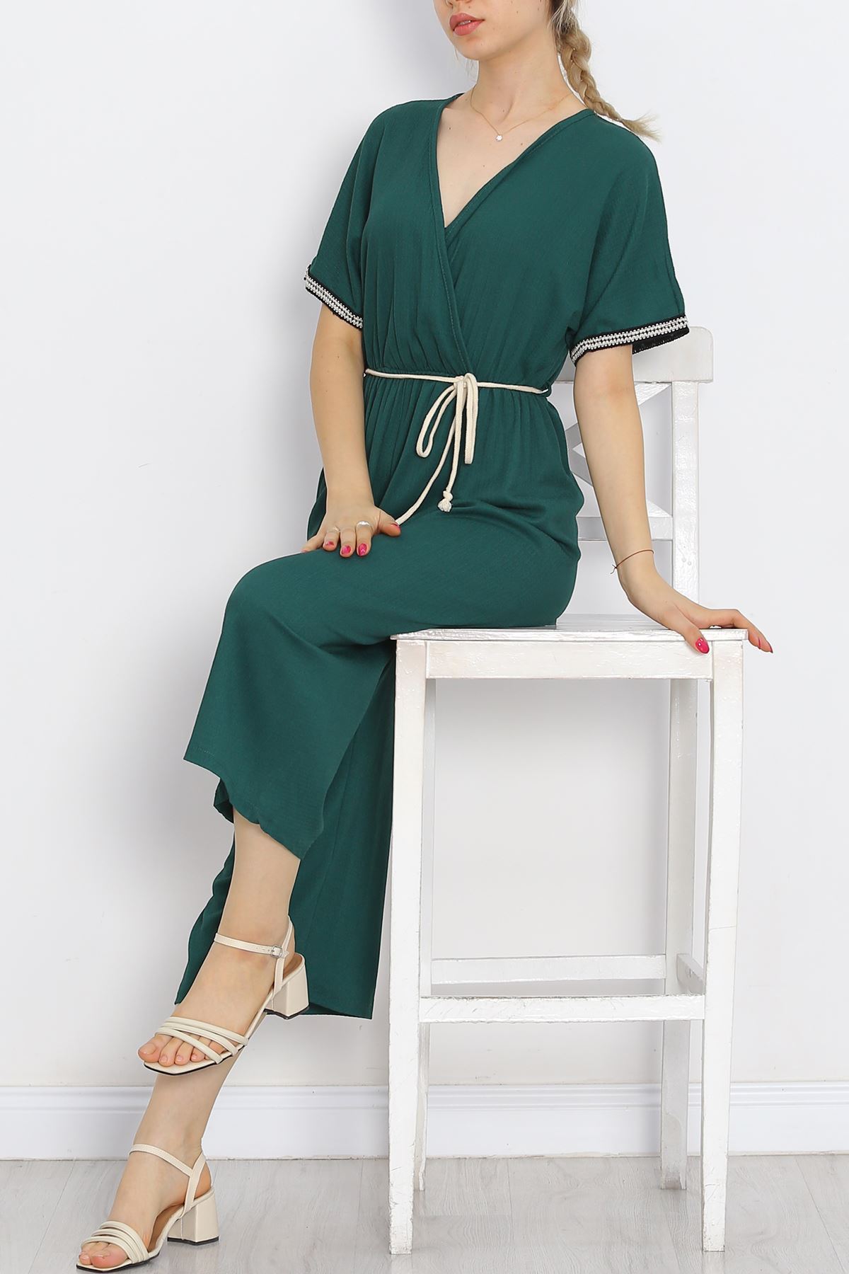 Knit Belt Burlap Jumpsuit Emerald