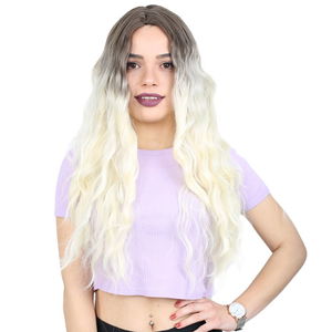 Kanekalon Fiber Synthetic Wig / Ashy Light Brown / Platinum Ombré with Water Wavy Look and Long Bangs