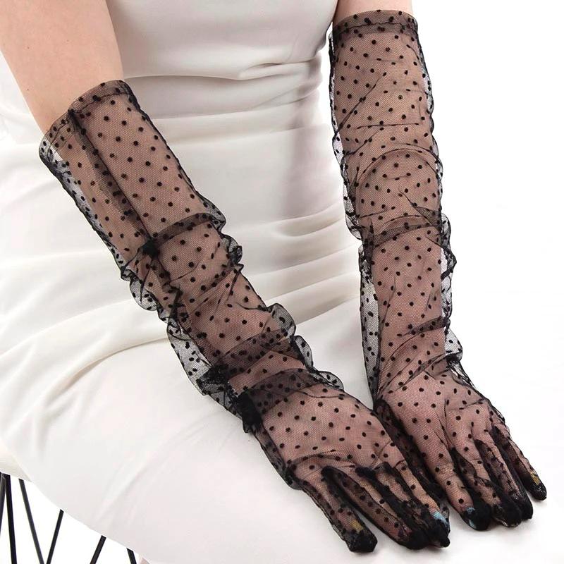 Long Length Black Polka Dotted Black Color Adult Tulle Gloves 55 cm