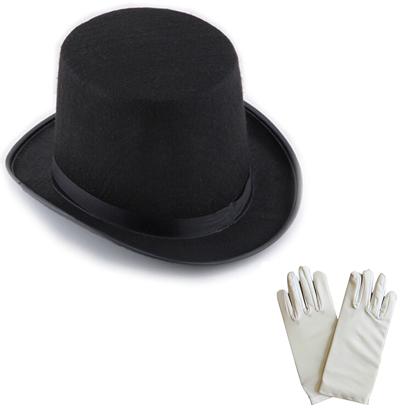 Black Magician Trilby Hat 15 cm - 1 Pair of White Magician Gloves - Adult Size