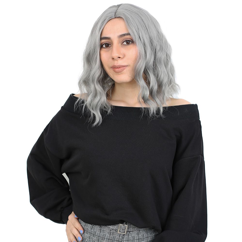 Kanekalon Fiber Synthetic Short Wavy Wig with Bangs / Light Gray