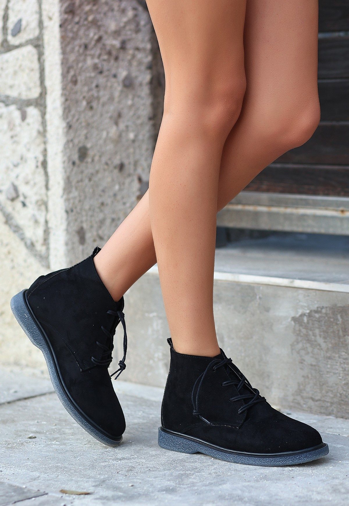 Black Suede Gray Soled Lace-up Boots