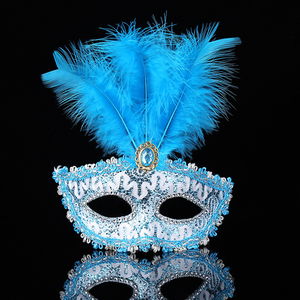 Blue Lace Embroidered Prom Party Mask with Blue Feathers 17x20 cm