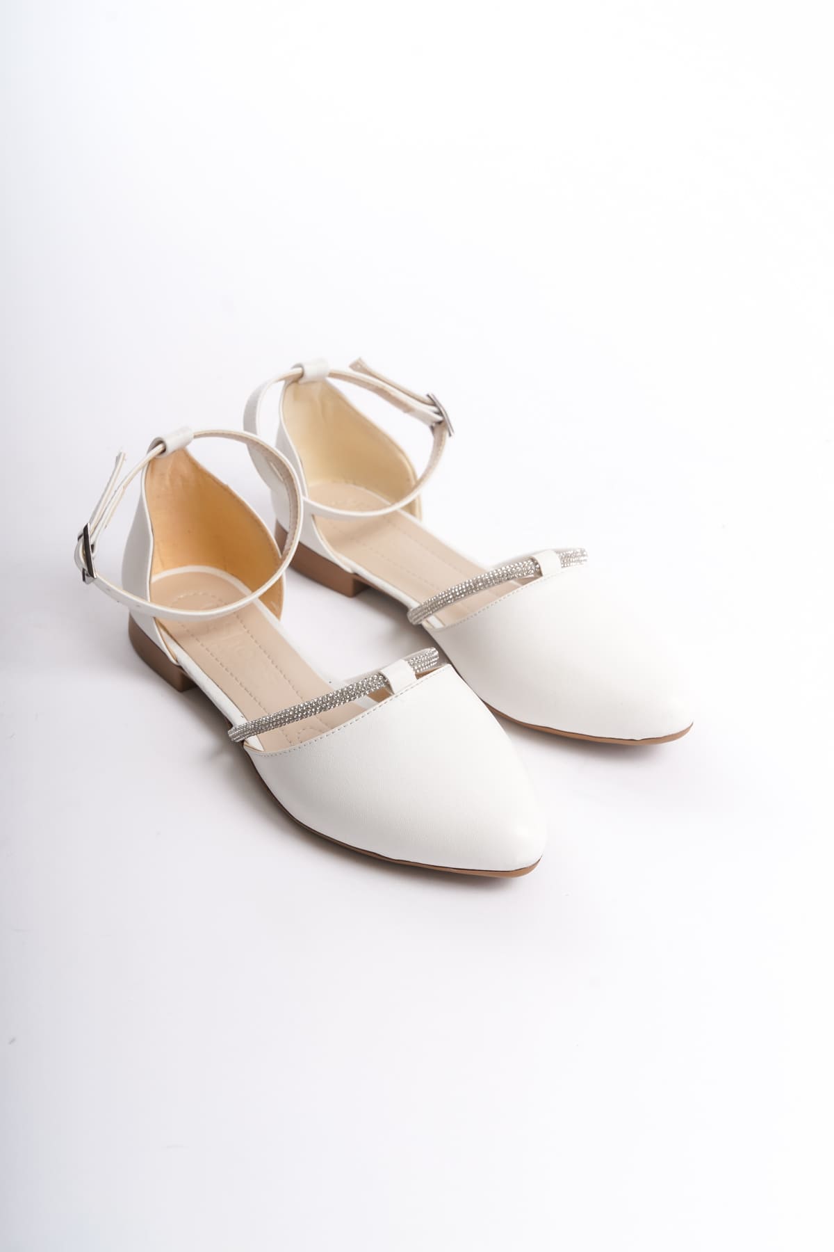 CLZ948 Buckle Orthopedic Comfortable Sole Stone Detailed Women's Babet Shoes KT White