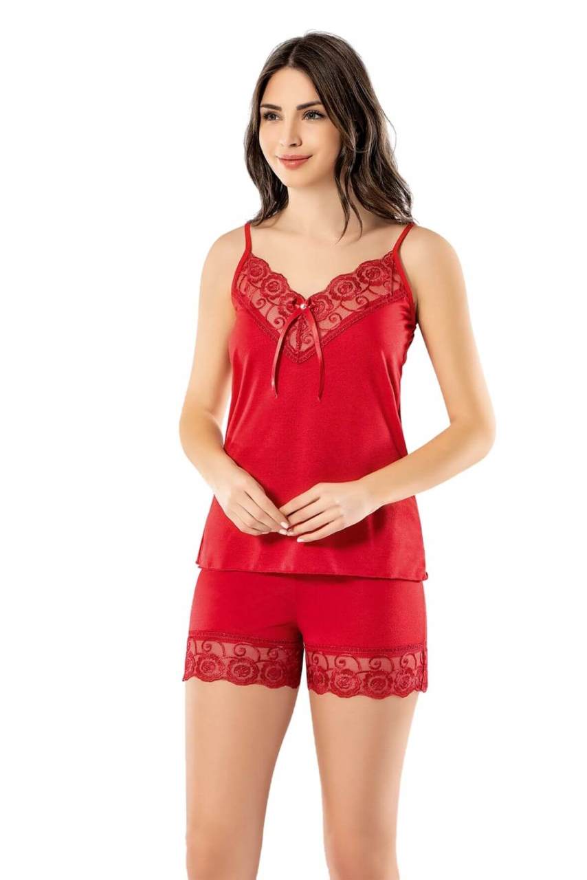 Women's Red Shorts Suit Home Wear Nightwear Nightgown Lace Pajamas Sleepwear 6341