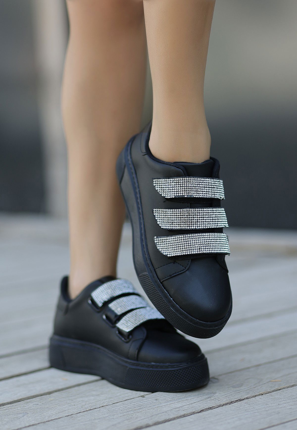 Black Skin Velcro Sneakers