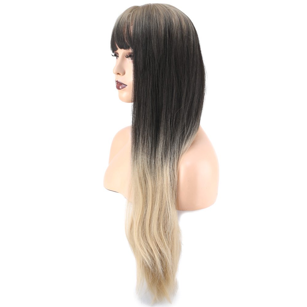 Long Kanekalon Fiber Synthetic Wig with Straight Custom Bangs / Ashy Black / Wig Ombré