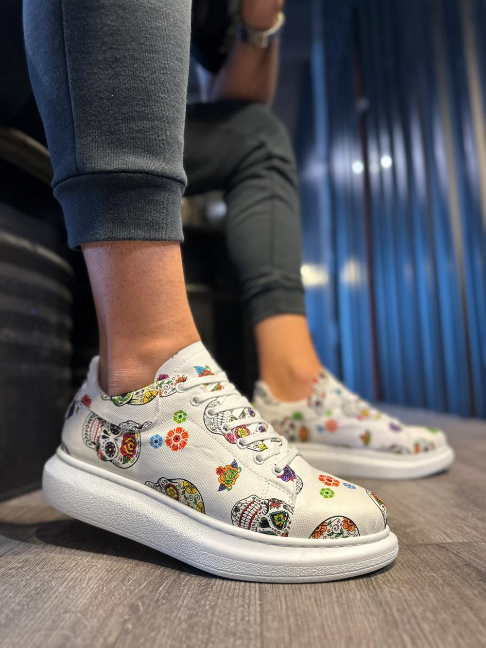 High Sole Colorful Printed Casual Shoes White Skull