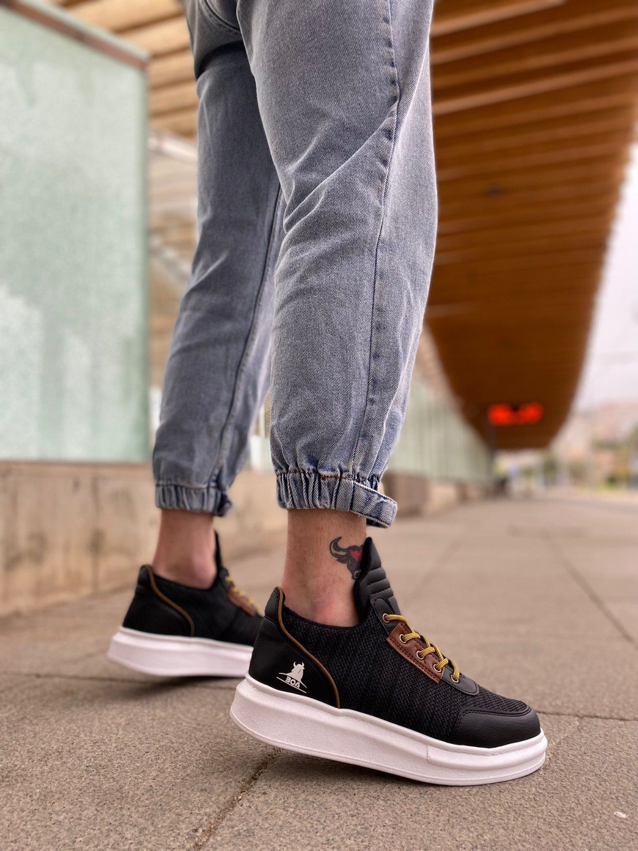 Lace-up Comfortable High Sole Black Patterned Casual Men's Sneakers