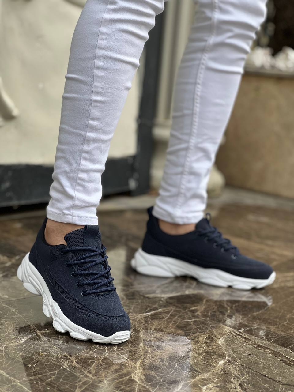 Navy Blue Suede High Sole Lace-up Casual Men's Shoes