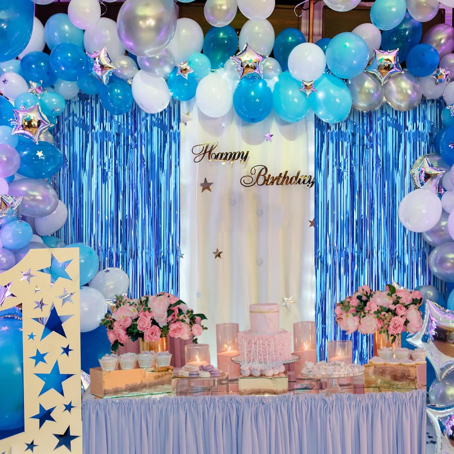 Blue Color Extra Metallized Shiny Fringed Backdrop Curtain Imported A Quality 1x2 Meters