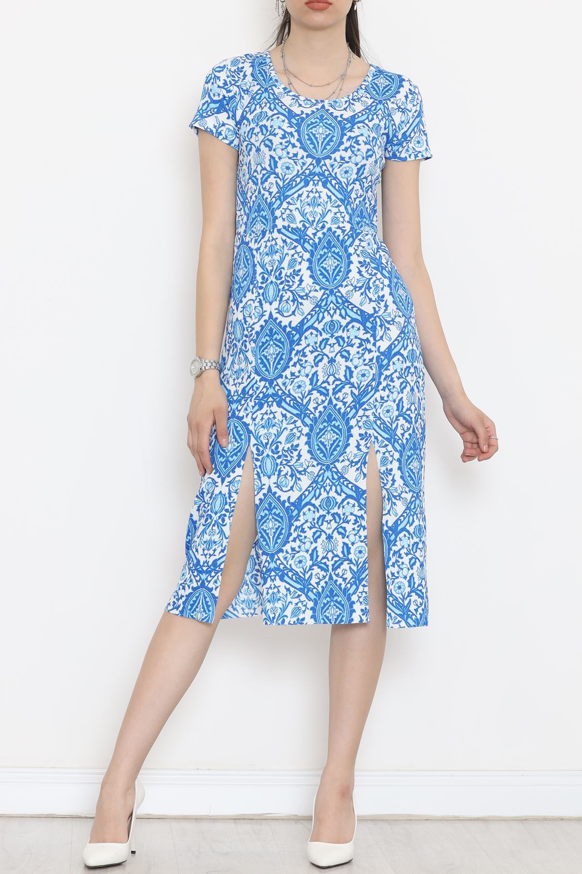 Crew Neck Floral Slit Dress Bluecru