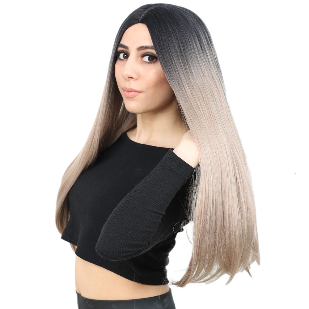 Kanekalon Fiber Synthetic Long Straight Wig / Black / Ashy Baby Yellow Ombré