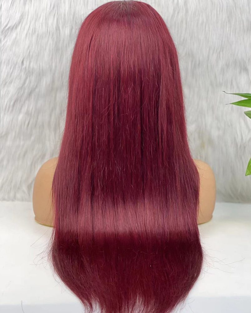 Real Hair Front Lace Tulle Wig / Straight / Dark Red 70/75cm