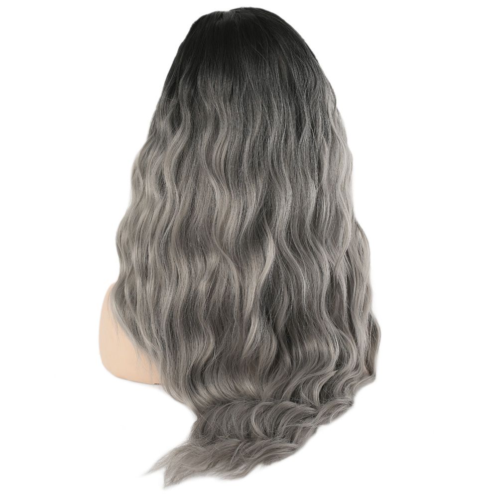 Kanekalon Fiber Synthetic Wig / Black / Gray Ombré with Long Water Wavy Look with Custom Bangs