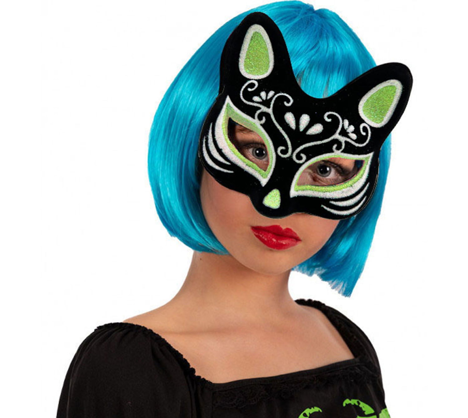 Black Color Suede Coating with Silver Green Glitter Cat Mask 17x14 cm