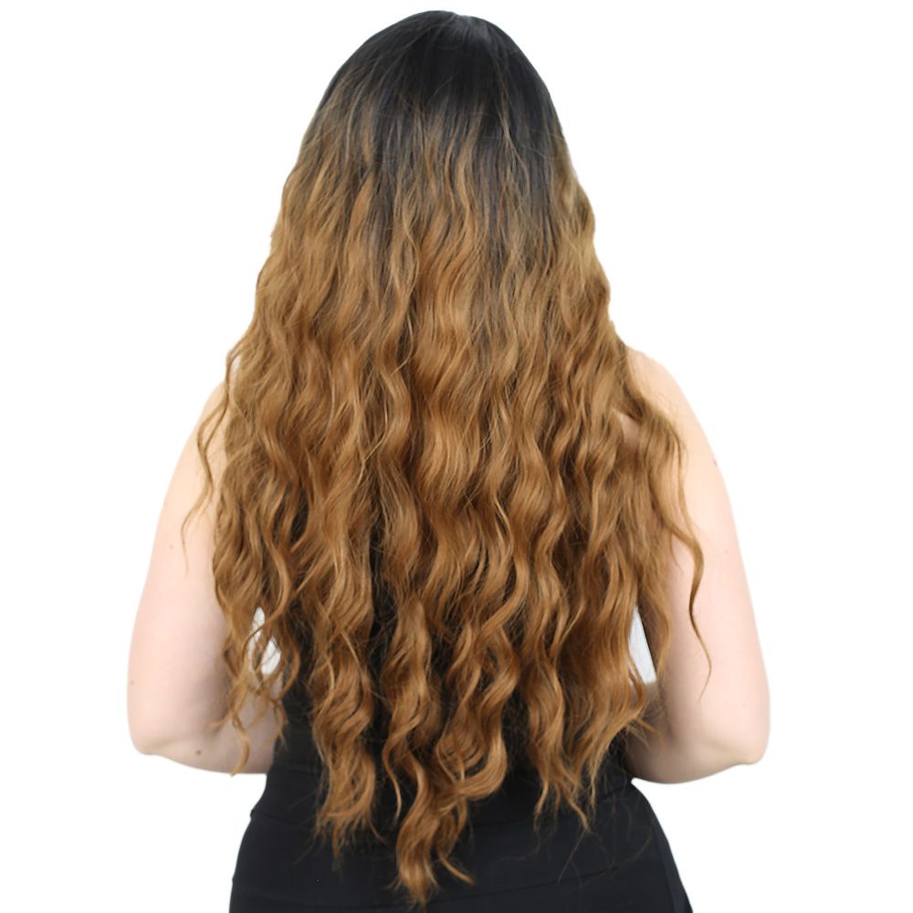 Kanekalon Fiber Synthetic Wig / Black / Caramel Ombré with Water Wavy Look and Long Bangs