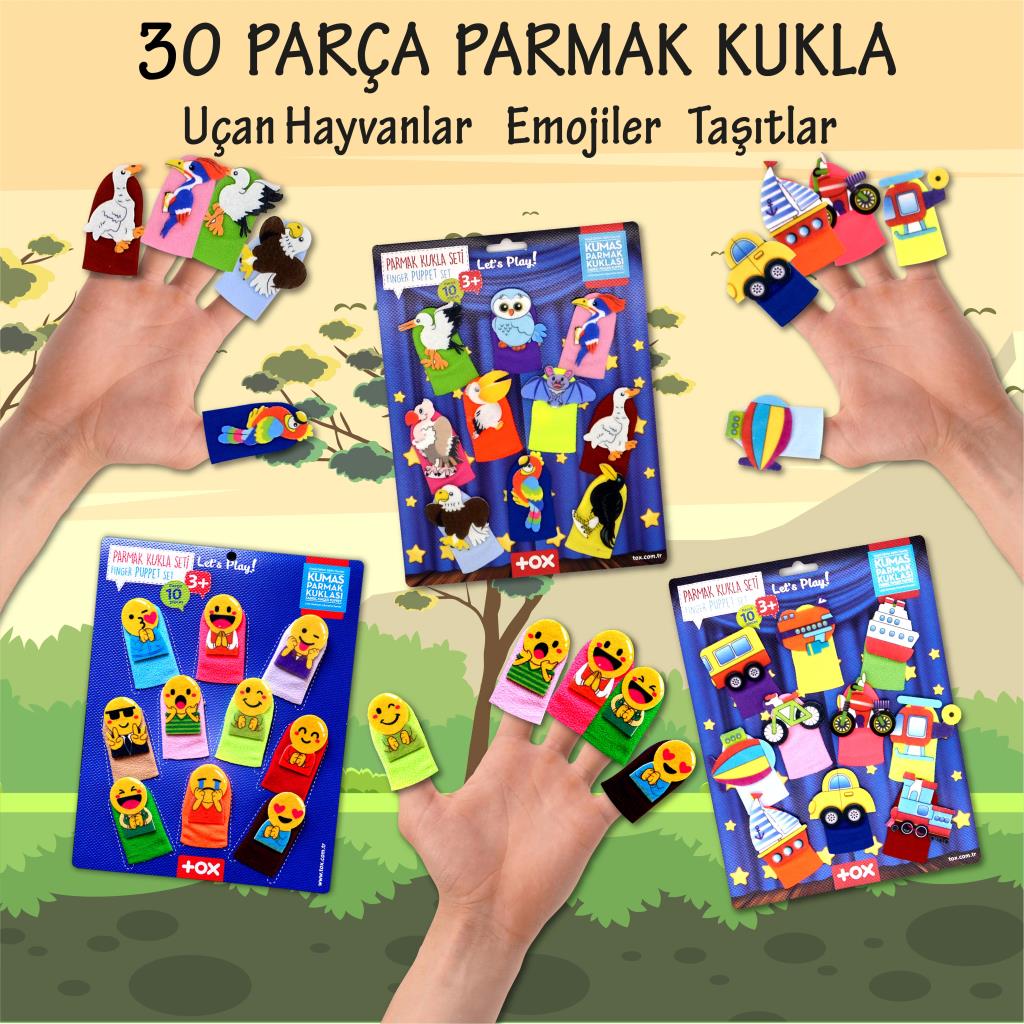 3 Set - 30 Pieces Vehicles, Emojis and Flying Animals Finger Puppet