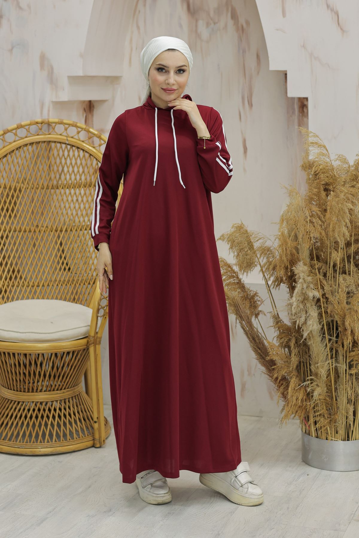 Hooded Stripe Detailed Dress Burgundy