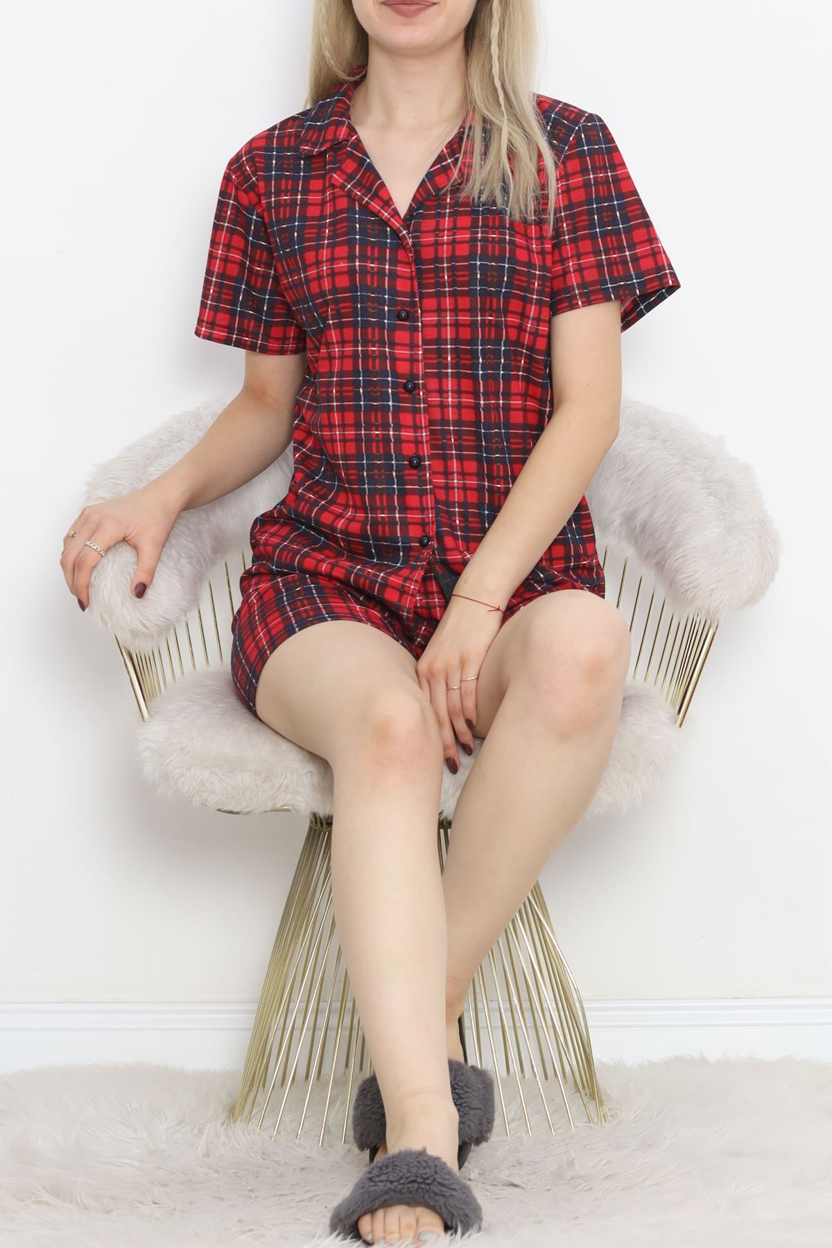 Front Button Shorts Suit PlaidRed