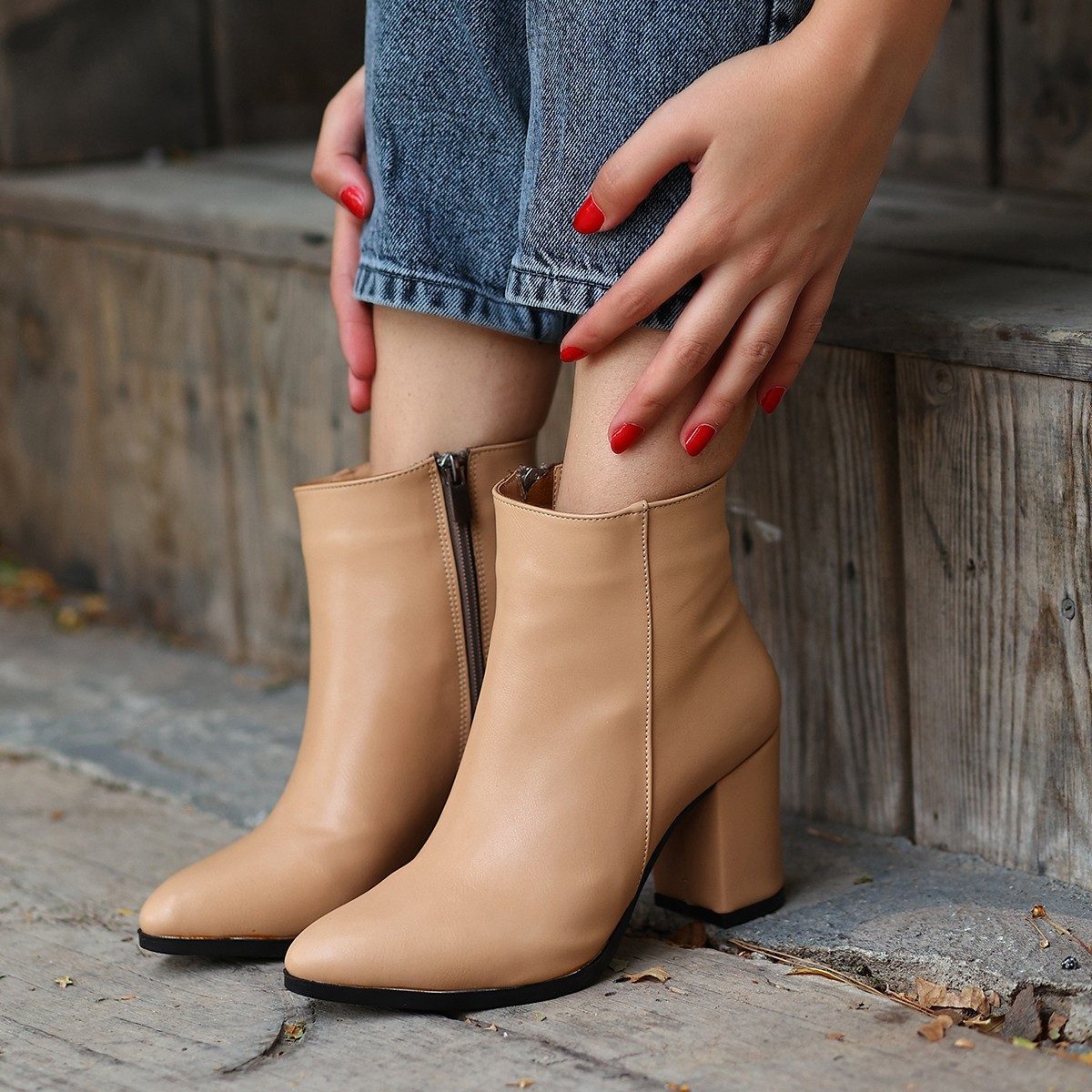 Cream Skin Heeled Boots