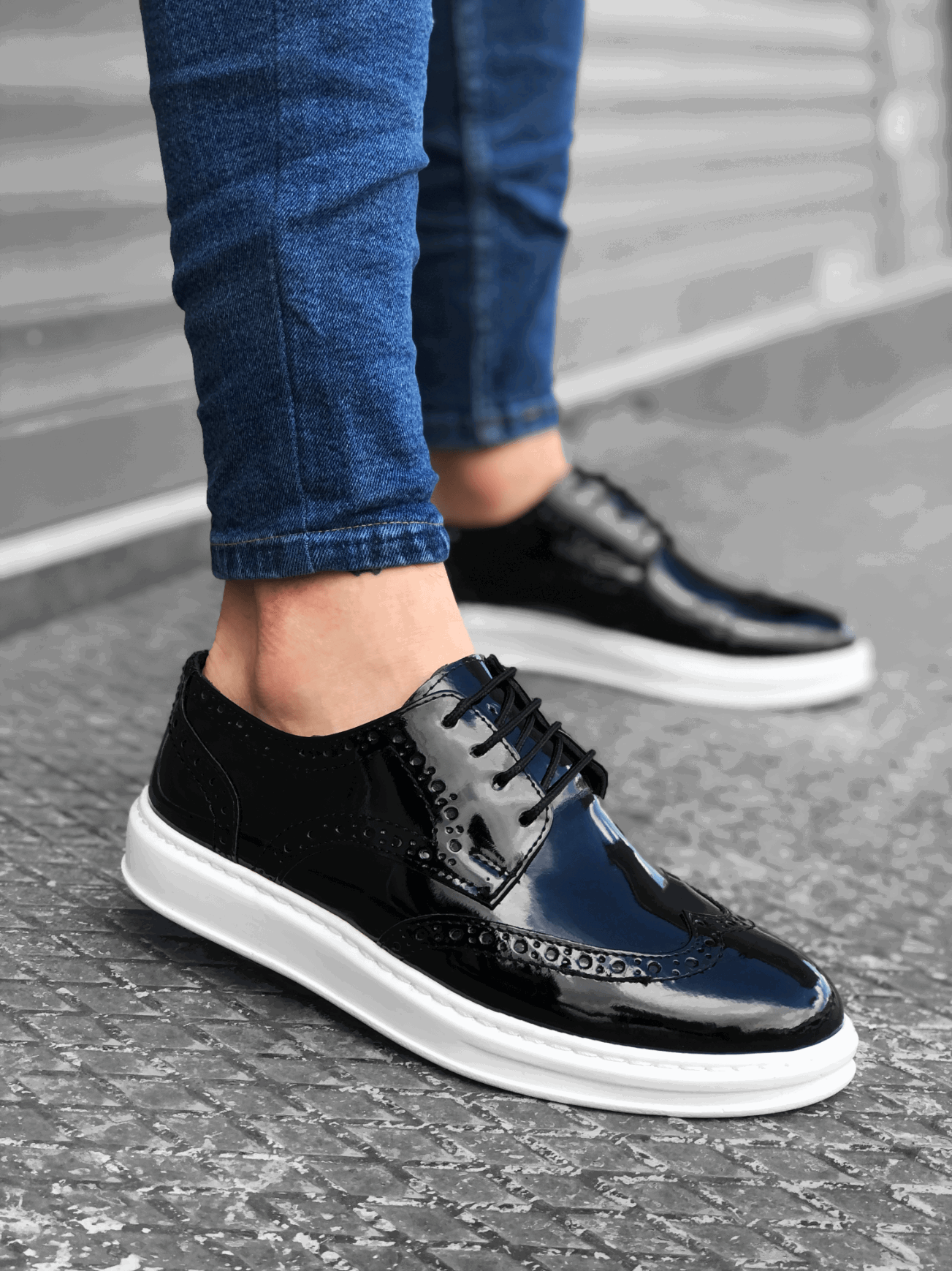 Lace-up Classic Black White Patent Leather High Sole Casual Men's Shoes