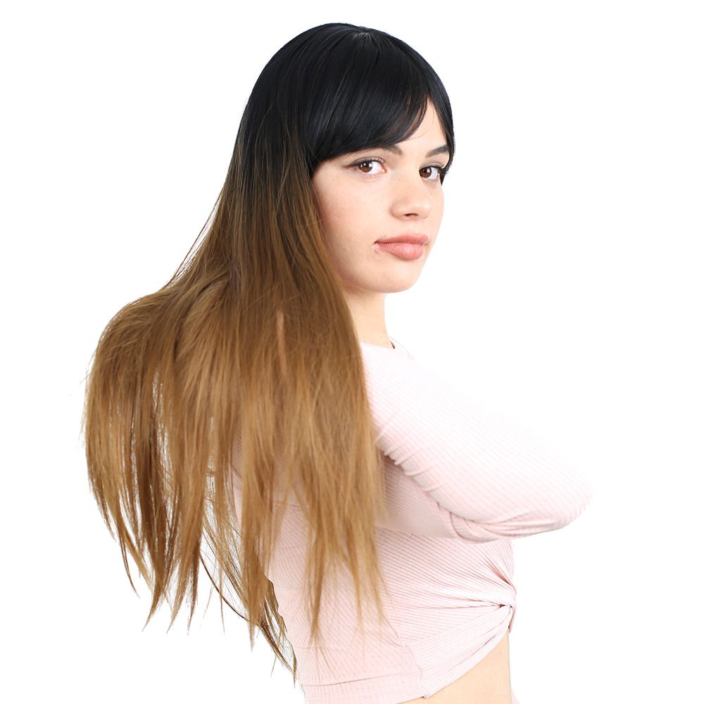 Kanekalon Fiber Synthetic Long Straight Bangs Wig / Black / Caramel Ombré