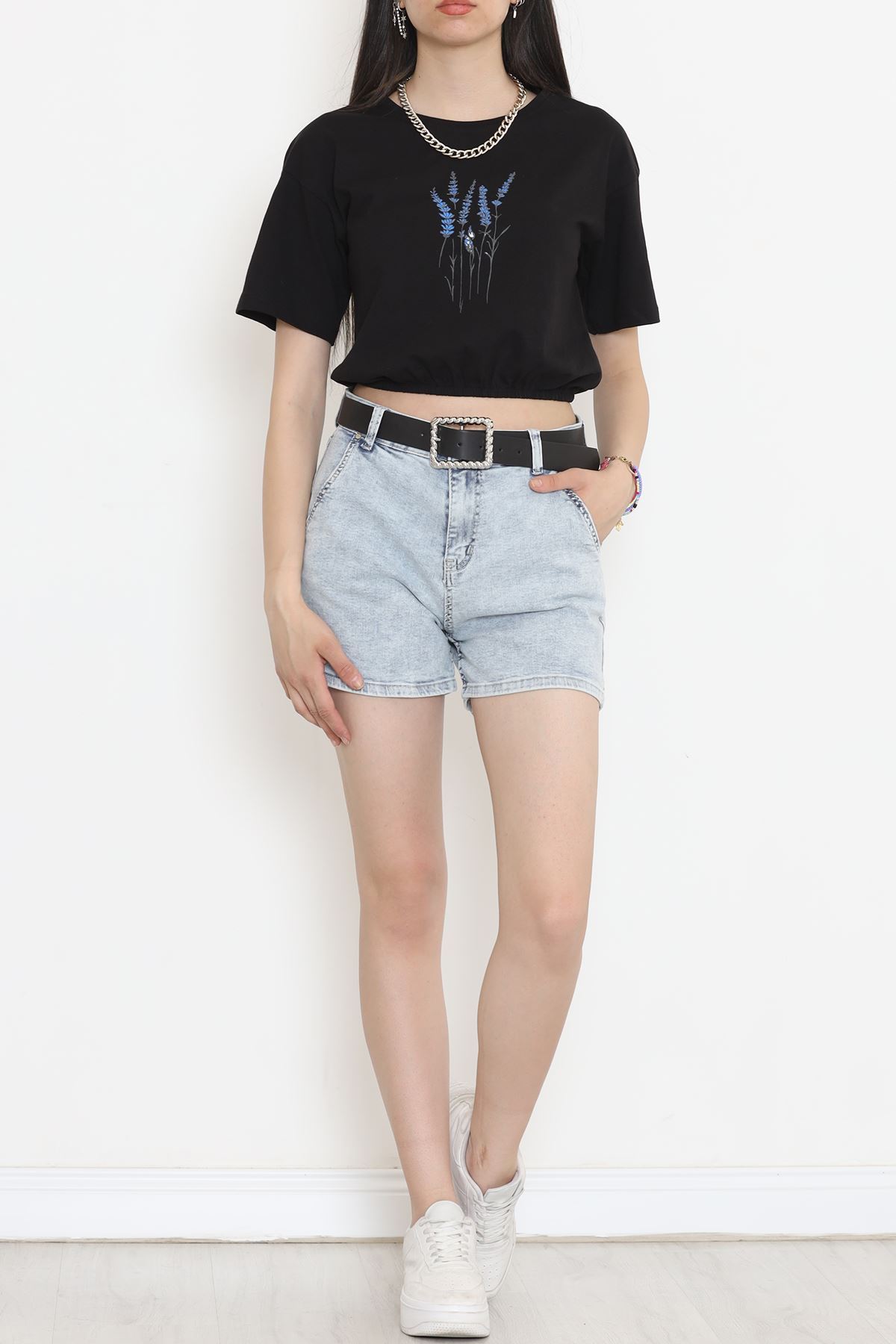 Printed Waist Elastic T-Shirt Black