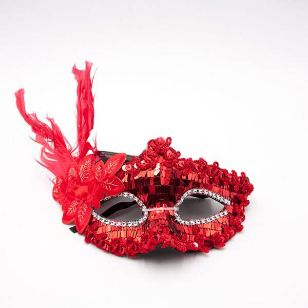 Red Sequin Sequin Red Color Side Feather Party Mask 18x22 cm